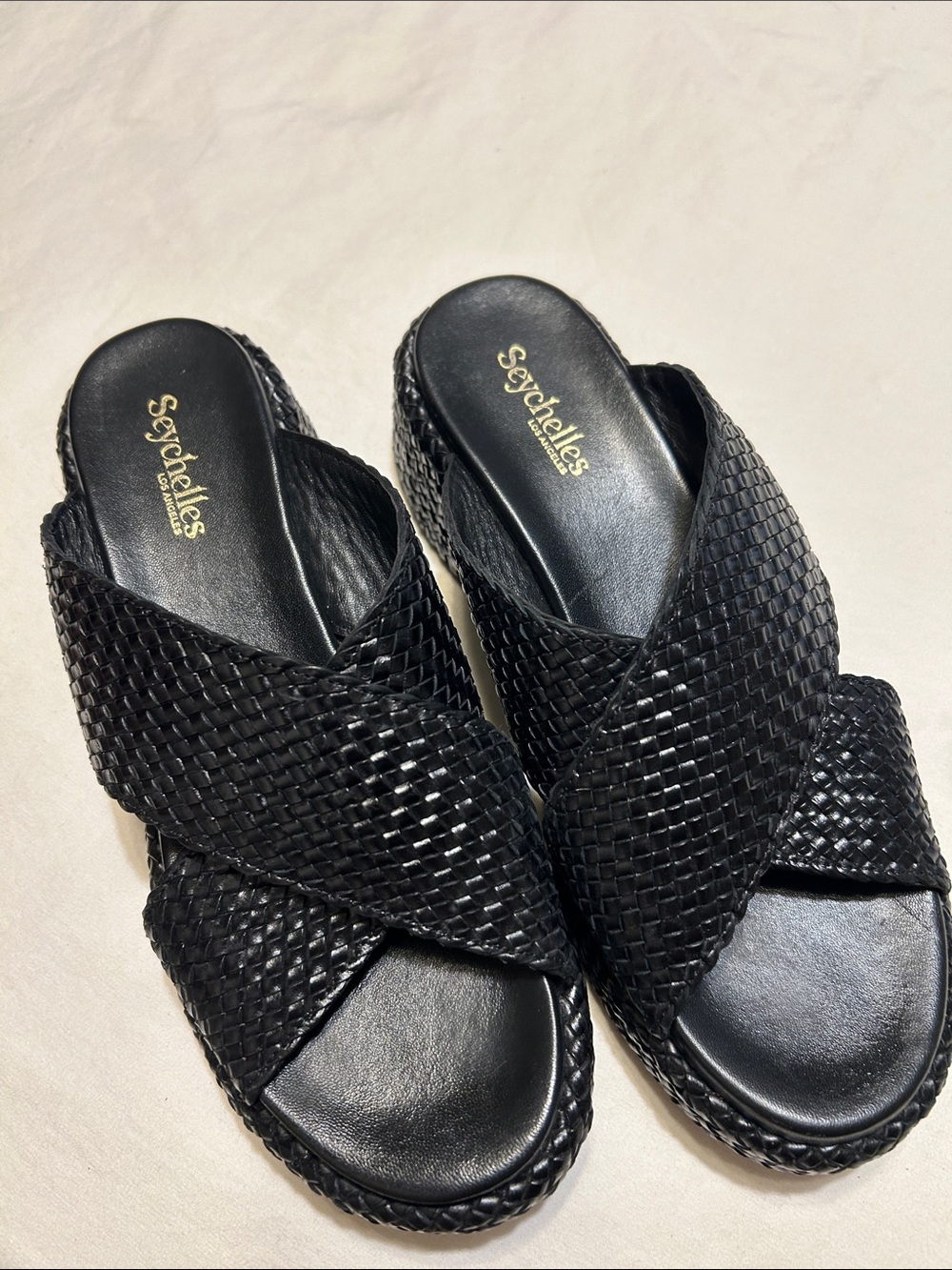 Seychelles Black Woven Crossover Slide Mules